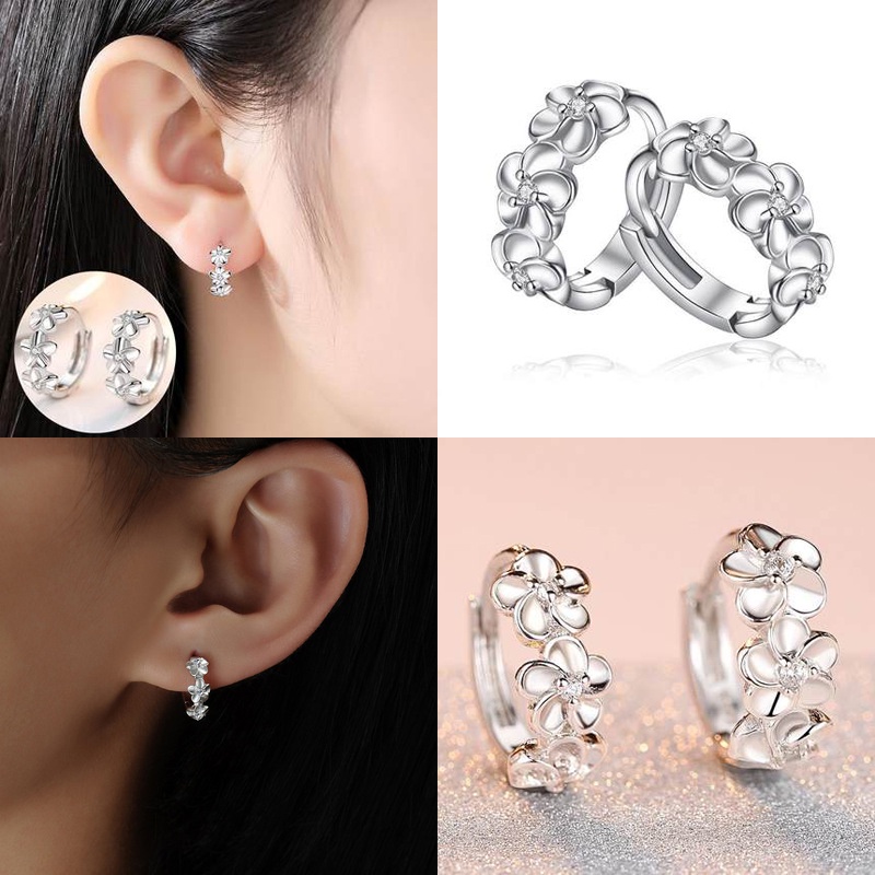 Roselife 1 Pasang Anting Bulat Sterling Silver 925 Hias Kristal / Zircon Gaya Simple Untuk Wanita