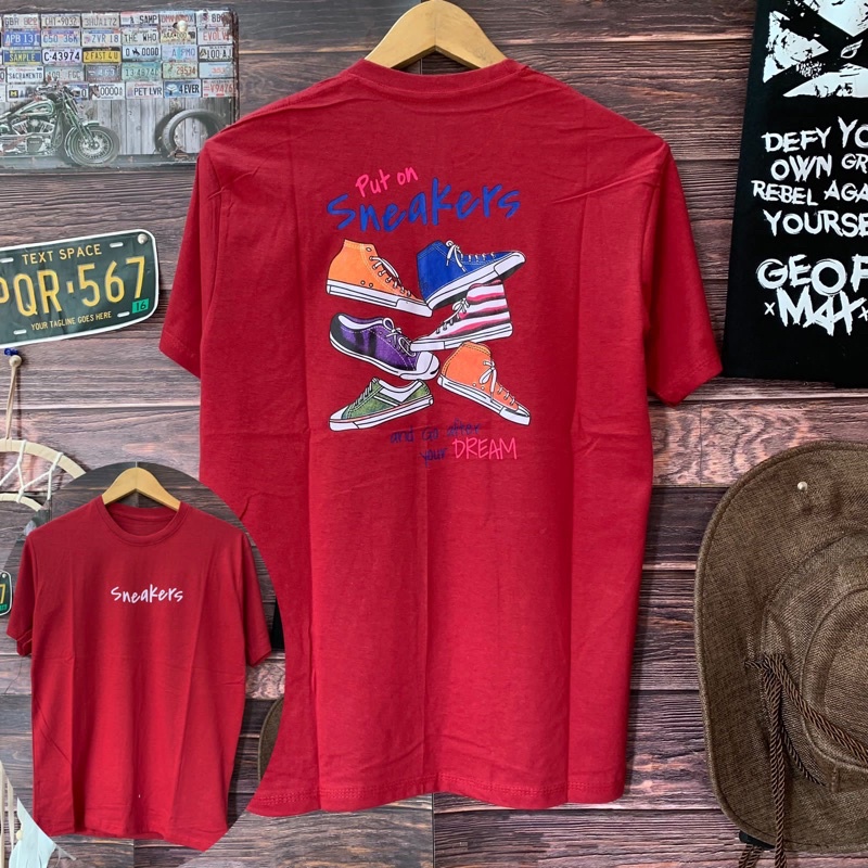 kaos distro pria sablon depan belakang sneakers kaos pria distro