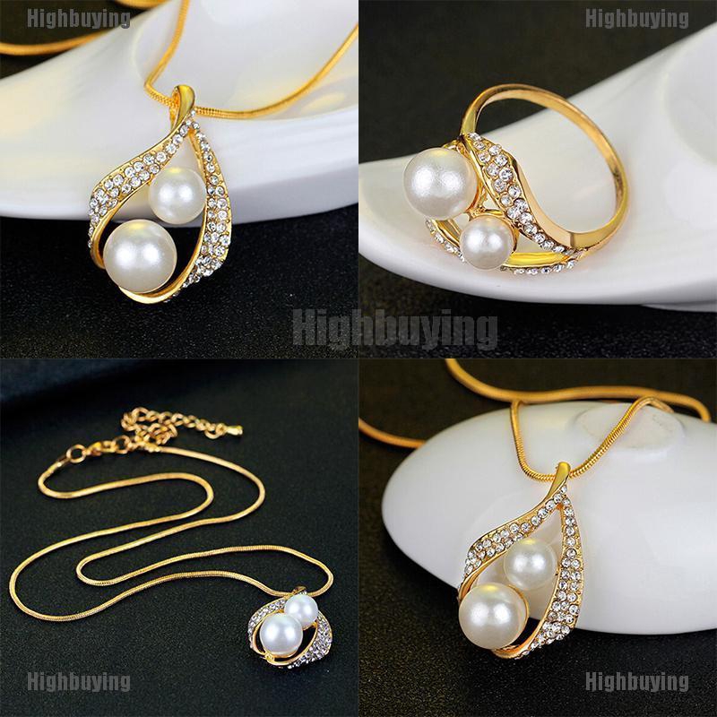 Set Perhiasan Wanita,Kalung Rantai Liontin + Anting Tusuk Gantung + Cincin Aksen Kristal + Mutiara Imitasi