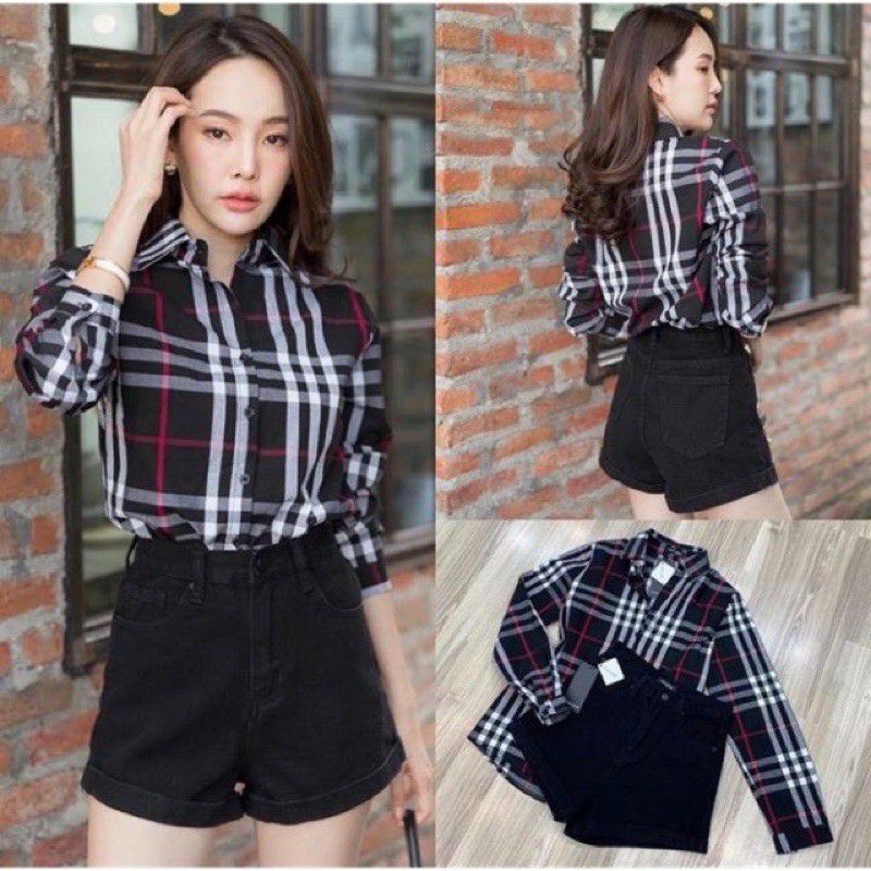GSL Kemeja Wanita Casual Kotak Hitam Jumbo Korea Lengan Panjang Import Polos Motif Kotak Kotak Overs
