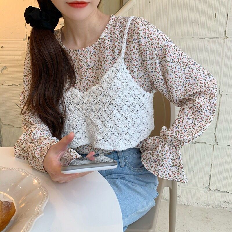 【BISA COD】Chiffon Lace Floral Blouse wanita Lengan Panjang summer atasan blus import cewek-[VEST AJA] Putih