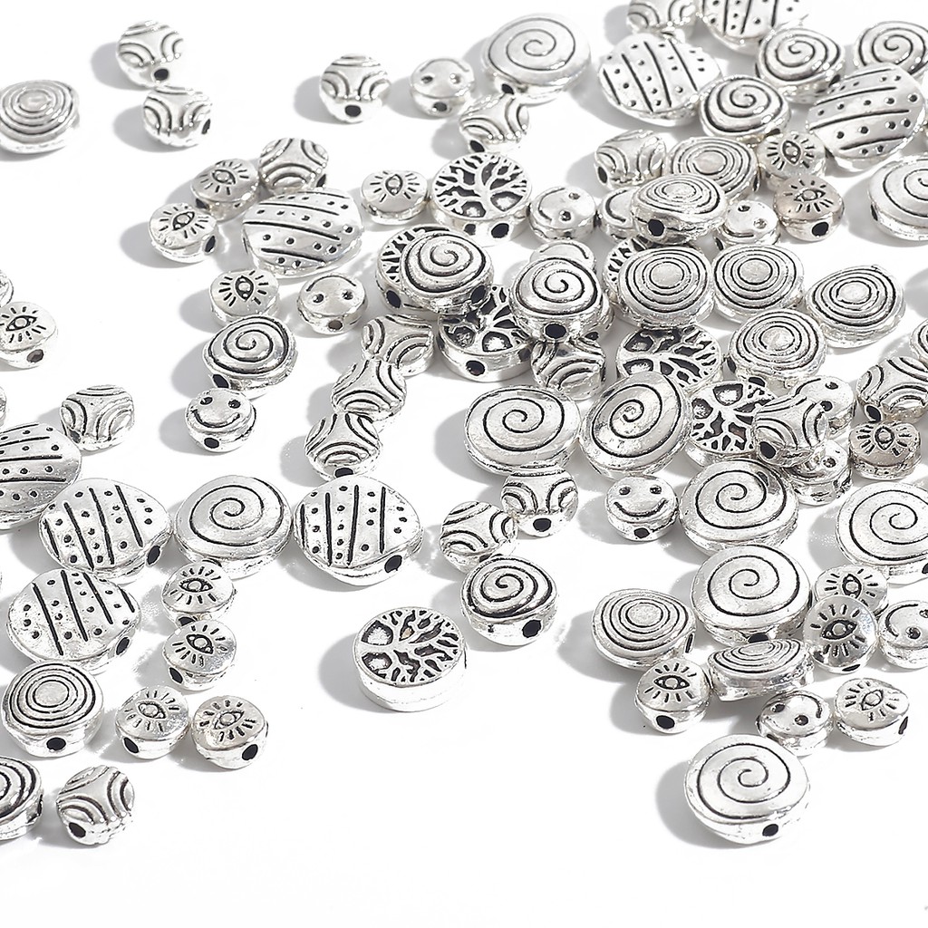 Antique Silver Alloy  flat round bead Shape Sided for DIY Bracelet Jewelry Making Findings