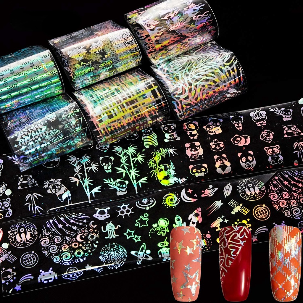 10 Lembar Stiker Kuku Pola Bambu Panda Dandelion Api Holografik Gradasi Langit Berbintang Untuk Dekorasi Manicure