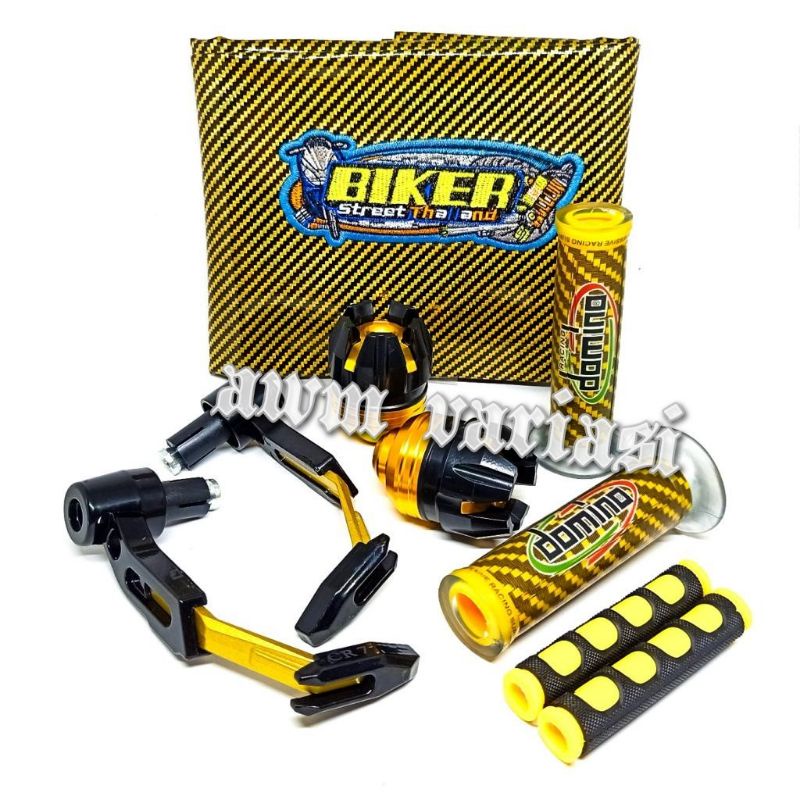 paket 5in1 sarung jok kulit jok biker plus proguard robot plus handgrip domino carbon plus karet handle plus jalu as roda Universal