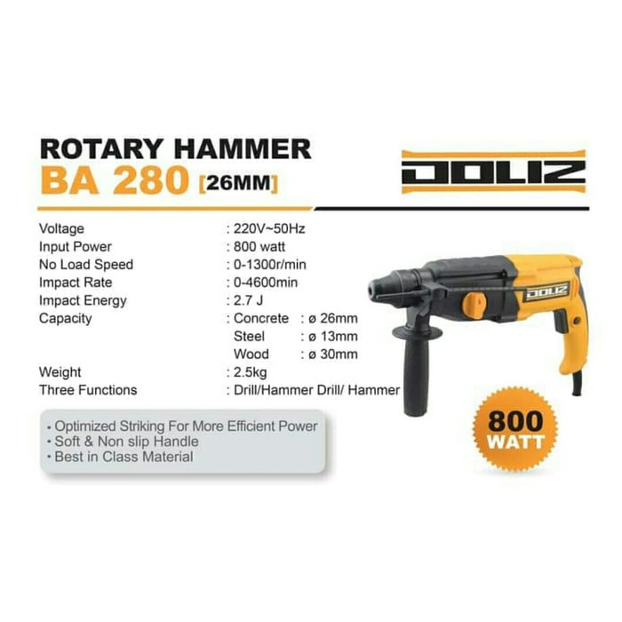 Mesin Bor Beton 26mm DOLIZ BA280 Rotary Hammer 3 Mode + Free Meteran Laser