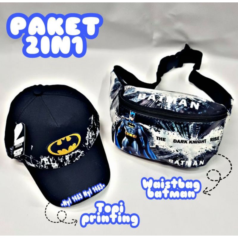 BATMAN 2IN1 TAS SLEMPANG ANAK TOPI BORDIR