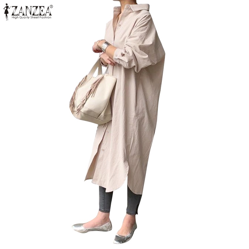 ZANZEA Women Plus Size Loose Lapel Long Sleeve Button Down Linen Dress Side Slit Long Dress