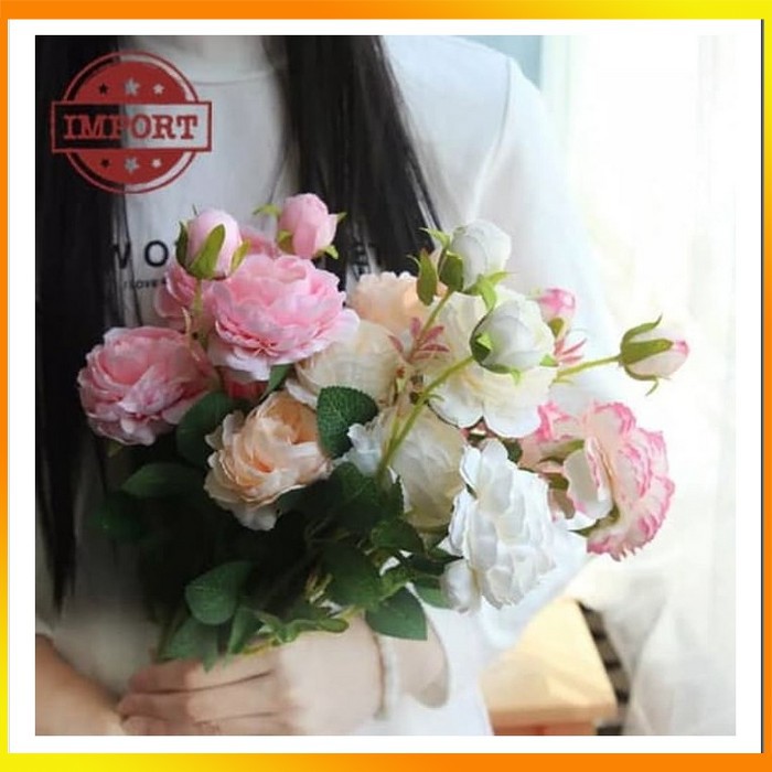 MS - Satu Tangkai 3 Bunga Mawar Artificial Plastik Palsu Hias Shabby