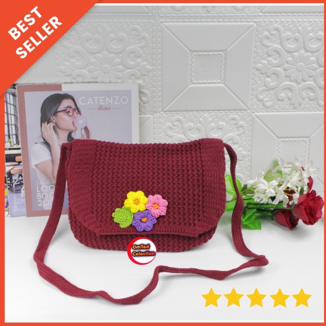 Tas selempang wanita motif bunga oval bahan rajut premium omtedcollection