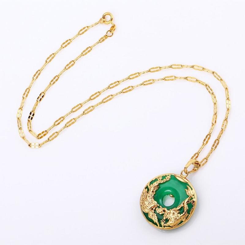 Chinese Style Mythical Animal Green Chalcedony Necklace/ Gold Color Dragon Phoenix Jade Pendant Necklace/ Lucky Circle Clavicle Necklace/ Amulet Jewelry Accessories Gifts