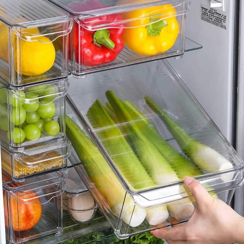 Clear Refrigerator Organizer Stackable Boxes, Kitchen Organizers with Cutout Clear Plastic Handle Pantry Food Storage