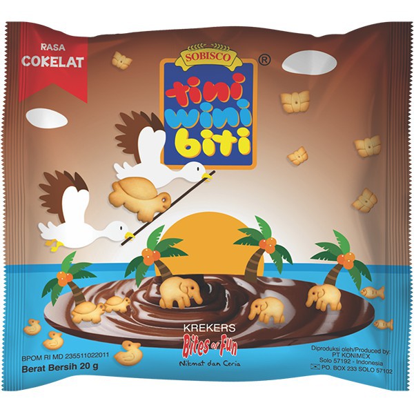 

Tini Wini Biti 3 Sachet biskuit anak Cokelat 20 g - biskuit bentuk binatang