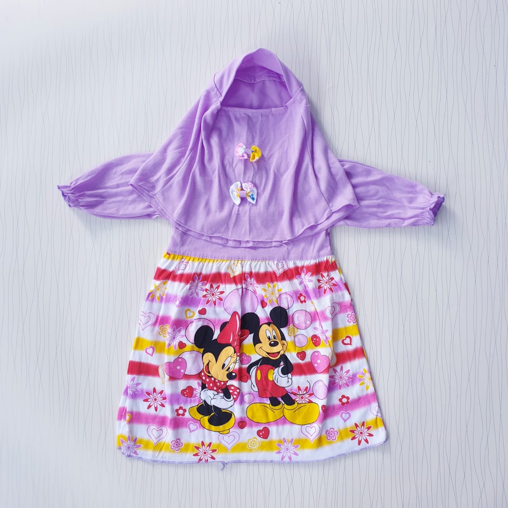 dress gamis anka usia 3-18 bulan minnie mickey sudah termasuk jilbab