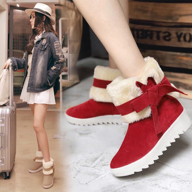 IMPORT Boots Fur Sepatu Boots Suede Bulu Winter Import Musim Lapis Bulu Hangat Lembut Dingin Pita