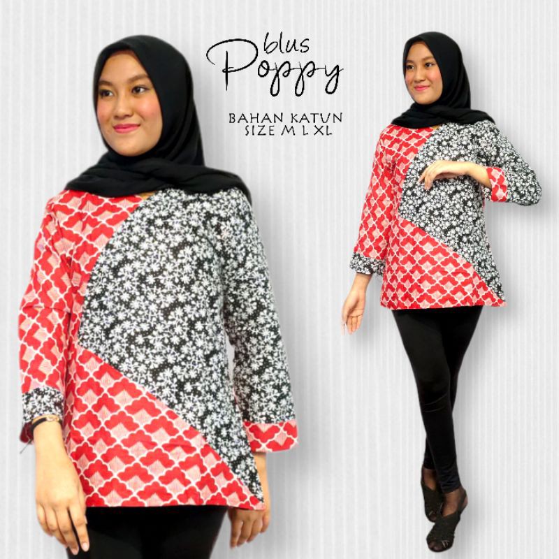 Atasan batik murah blus katun halus fashion mode atasan baju wanita pendek kimono Bunga poppy Atasan Baju batik cantik elegan kasual kuliah kerja sekolah