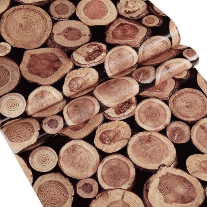 WALLPAPER STICKER DINDING TETMURAH HITAM POTONGAN KAYU BULAT COKLAT