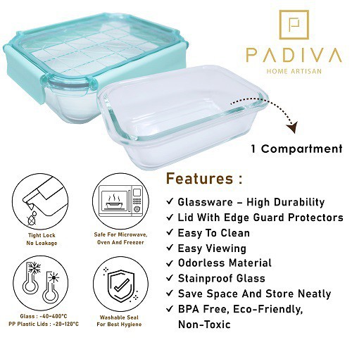 Padiva 1040ml Aqua (2pcs) Crystal Glassbox 1 compartment - GBC1040SA