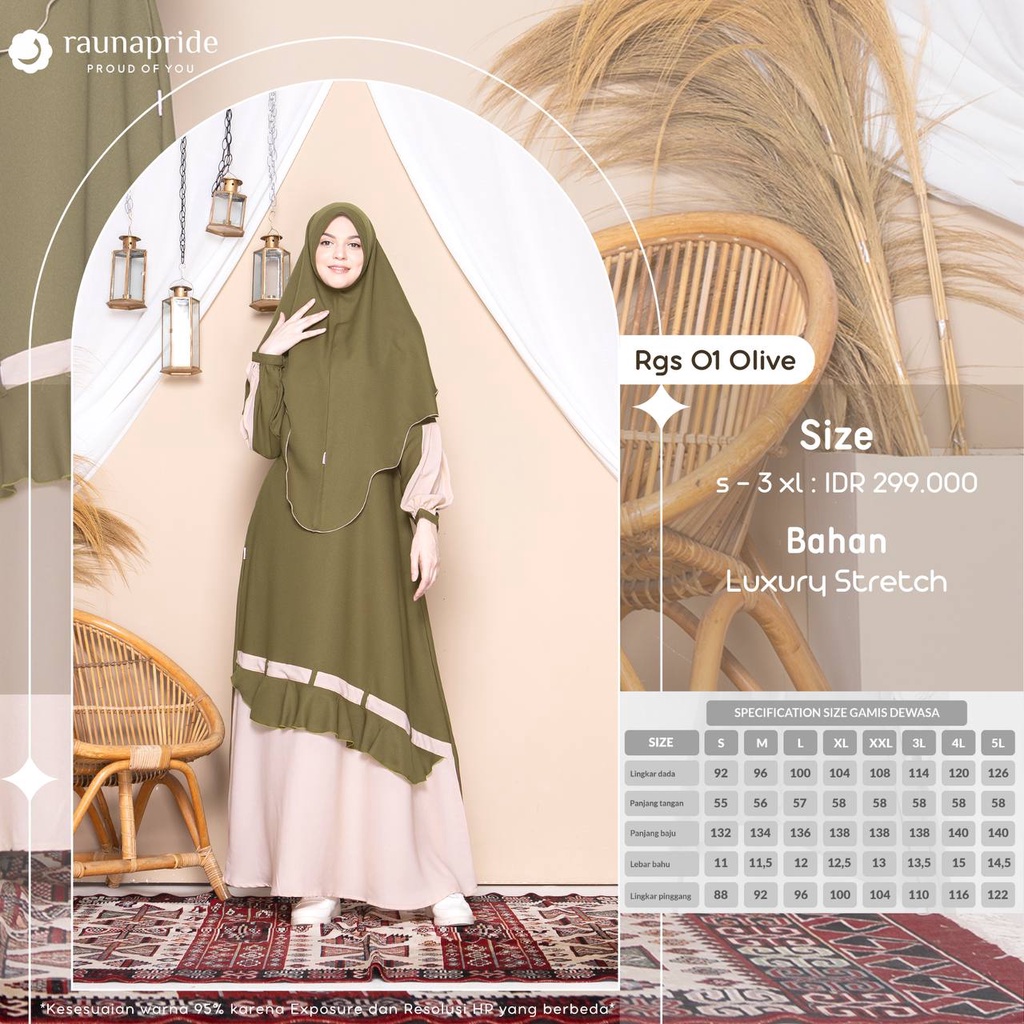 Rauna Gamis Syari Set RGS 01 Abu - Olive - Biru / Maxy / Dress / Fashion Muslim