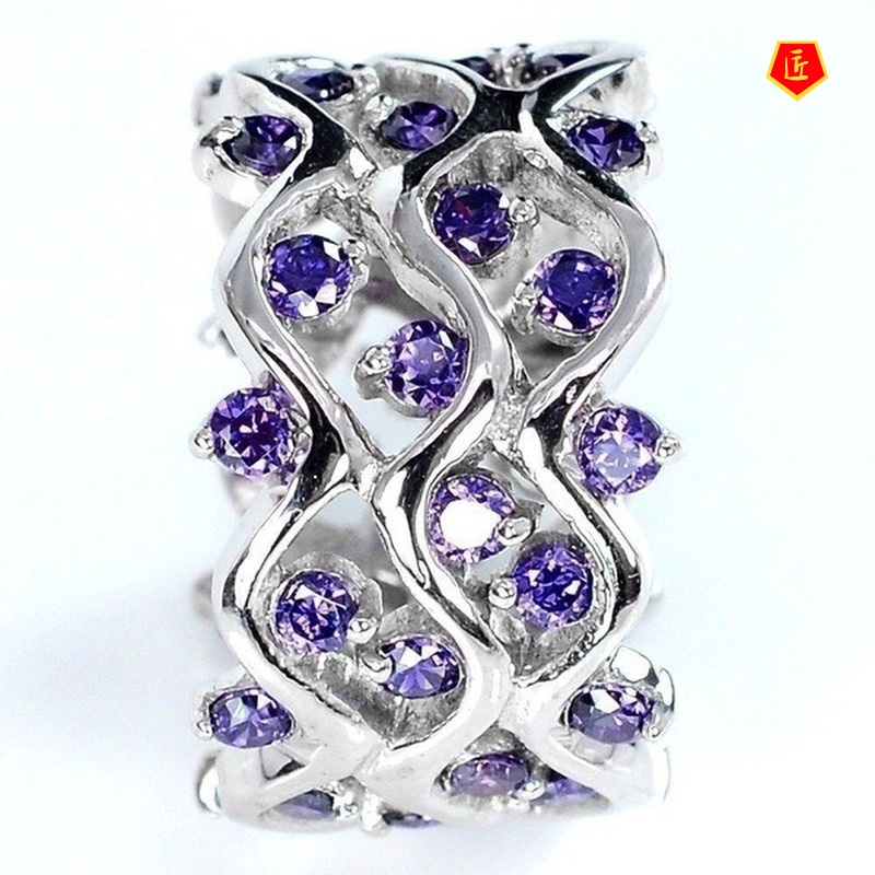 [Ready Stock]Inlaid Amethyst Ring Full Diamond Creative Fashion Elegant