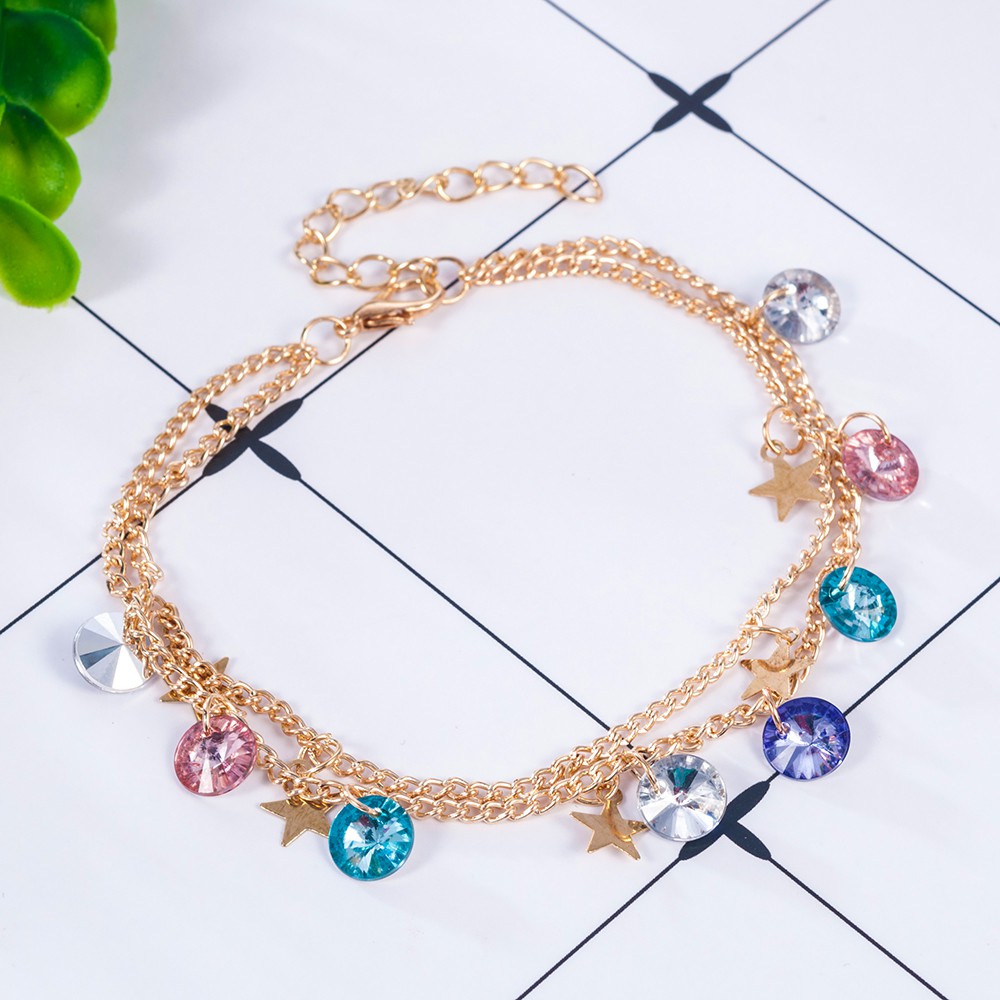 【COD Tangding】Colorful Crystal Star Anklet Fashion Women Double Layer Feet Ankle Chain