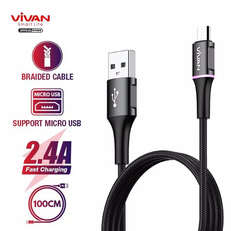 VIVAN VDM100 KABEL DATA usb MICRO USB 2.4A 100CM/200CM QUICK CHARGE original garansi