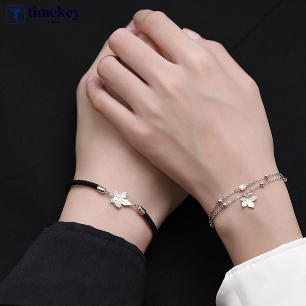 Timekey Gelang Tangan Tali Aksen Daun Maple Gaya Punk Romantis Untuk Pasanganpriawanita B8M2