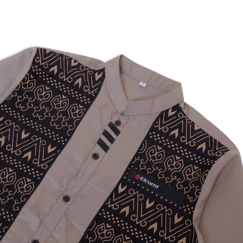 Baju Koko Original Elrumi Kombinasi Batik Terkini Toyobo Premium Berkualitas Fashion Muslim Pria-Coklat Rizki