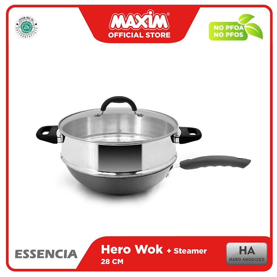 Maxim Essencia Wajan Penggorengan Hard Anodize 28cm Wok + Steamer + Tutup Kaca