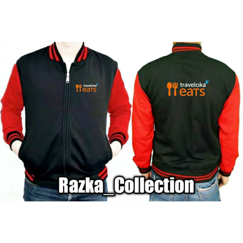 Jaket Baseball Varsity Pria dan Wanita motif sablon Traveloka Eats bahan cotton Fleece