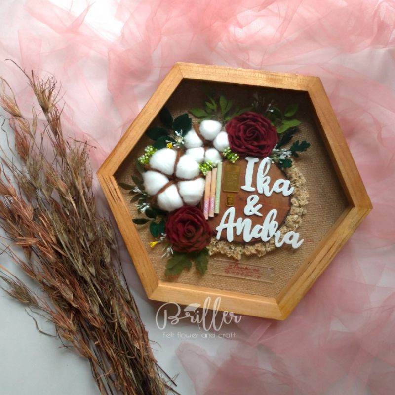 Mahar Pernikahan Rustic/Mahar Frame Hexagonal-Rose and Cotton Flowers