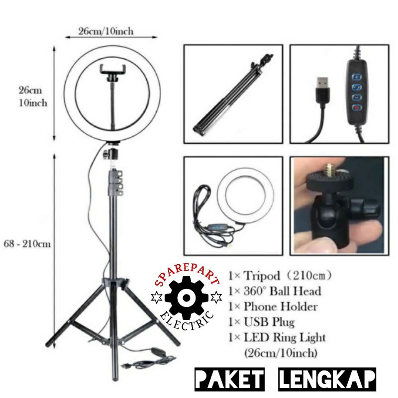 PAKET LENGKAP RING LIGHT + TRIPOD 2,1M LAMPU SELFIE VLOG / MAKE UP