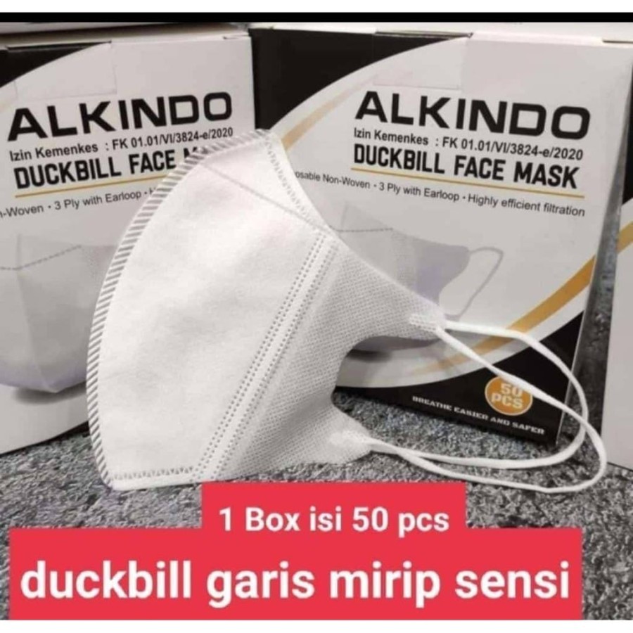 MASKER DUCKBILL ALKINDO ISI 50 PCS / DUCKBILL GARIS ALKINDO PUTIH HITAM ABU NOT KF94 3ply