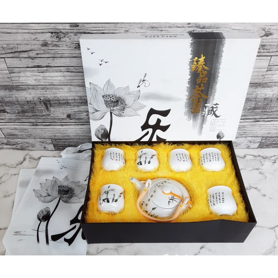 Japanese Tea Set Motif Unik/ Bamboo Hitam 1set 8pcs/gelas keramik/mug keramik