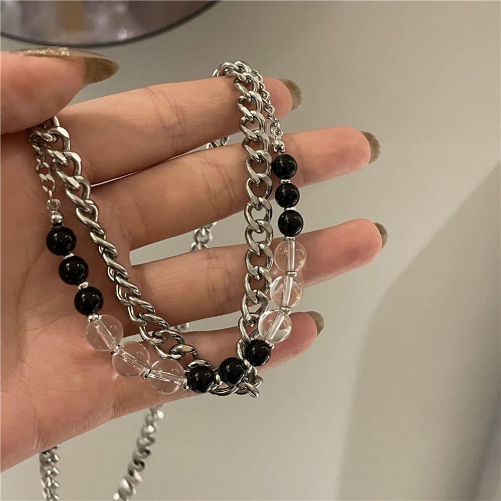 Needway Wanita Kalung Punk Fashion Perhiasan Mutiara Manik Lapisan Ganda Liontin Hati Hitam