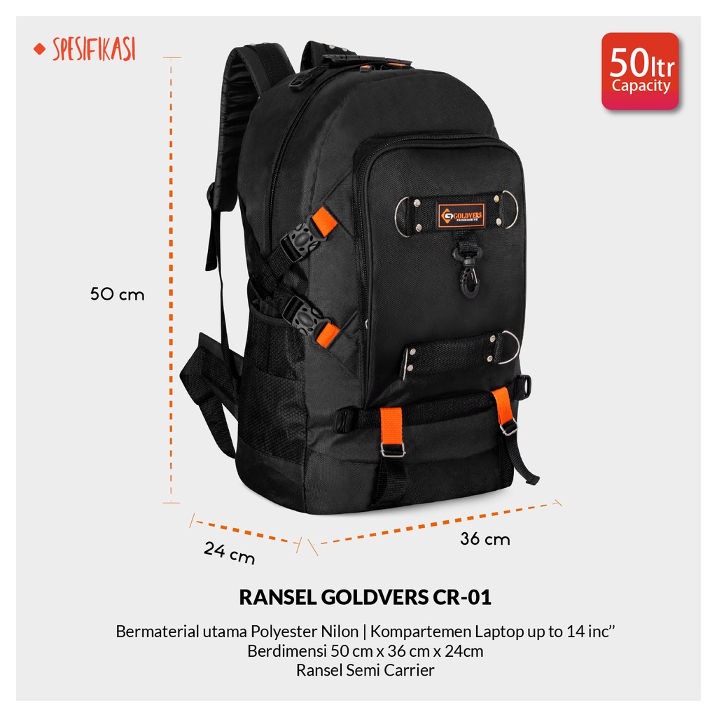 Goldvers Tas Ransel Pria Jumbo Backpack Pakaian Traveling Tas Mudik 50Litter Original Import