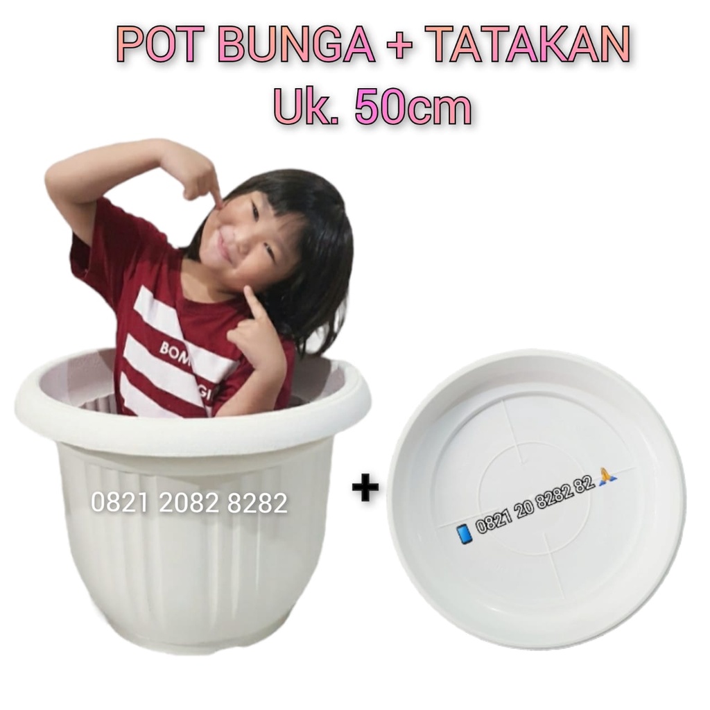 POT BUNGA JUMBO 50CM PUTIH TEBAL + TATAKAN / TANPA ALAS POT TANAMAN HIAS / BUAH / BUNGA