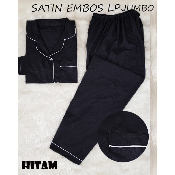 Rottenklass LP Piyama Saten Sleepwear Stelan Baju Tidur Lengan Panjang Celana Panjang Satin Embos-HITAM
