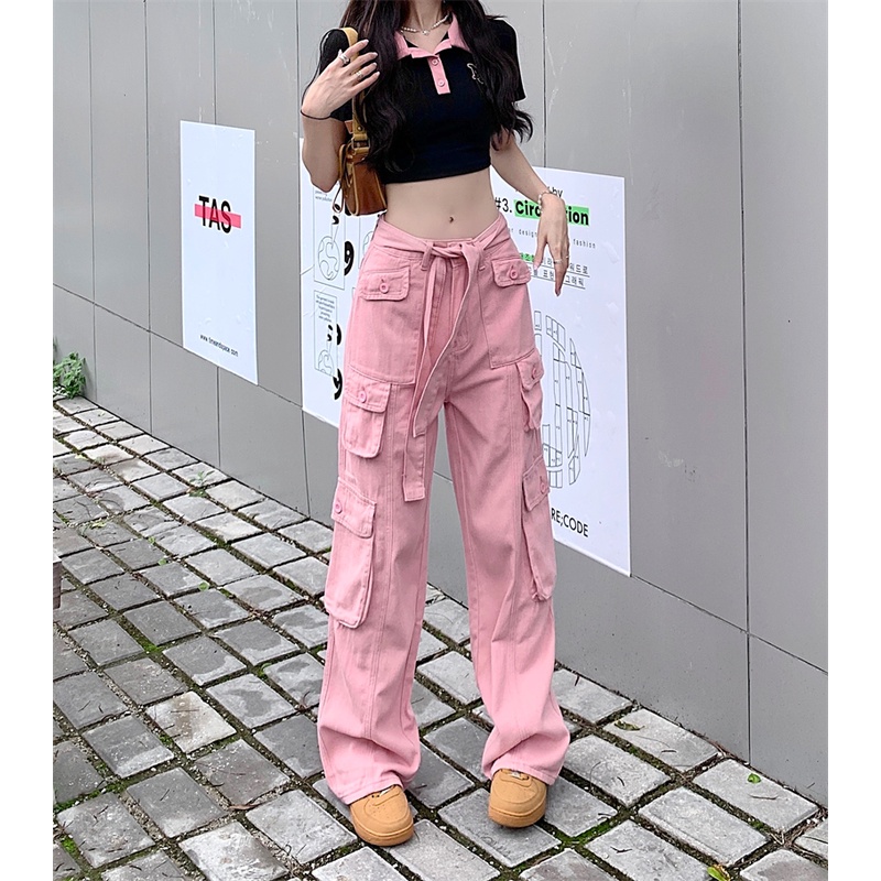 Suhao Pink Retro Perkakas Jeans Wanita Musim Panas 2022 Baru Manis Keren Tinggi Pinggang Tipis Longg