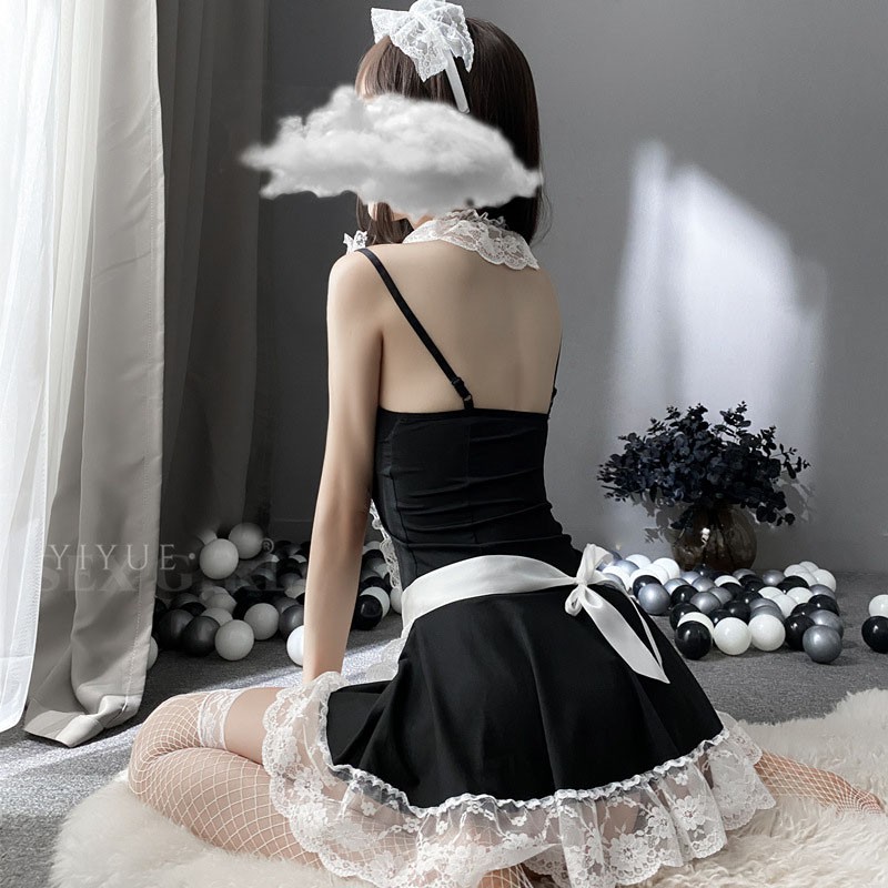 Sexy Maid Lingerie Wanita Set Cosplay Seragam Celemek Lolita Manis dengan Stoking A312-2