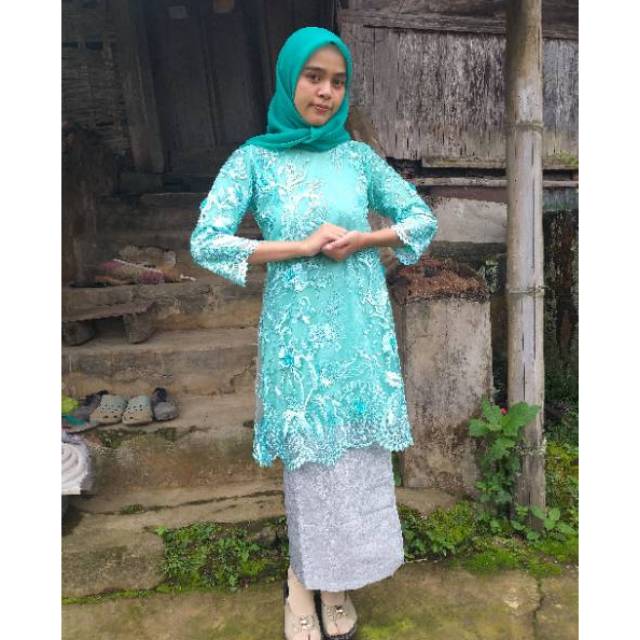 Baju kurung tulle bordir 3D tosca