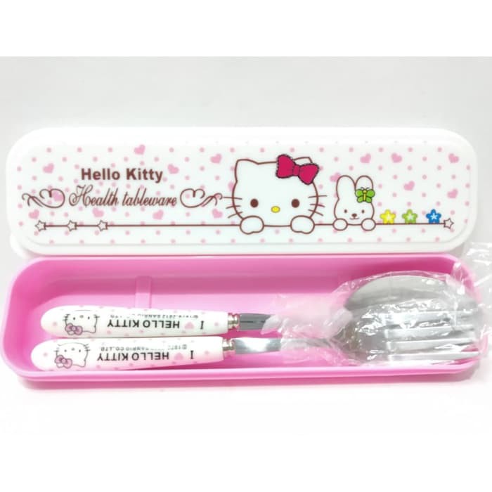 Sendok Garpu Keramik Set Alat Makan Anak Perempuan Hello Kitty Pink Murah + Gratis Ongkir