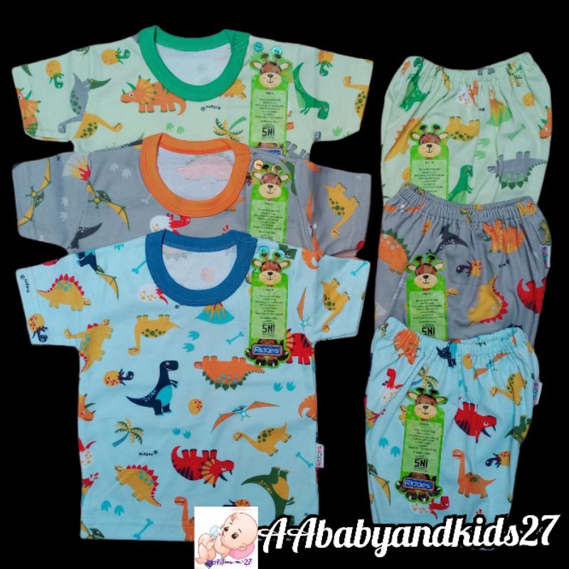3Pasang Setelan Ridges Lengan Pendek Kancing Bahu FullPrint Dino Parasut Ukuran S M L XL SNI