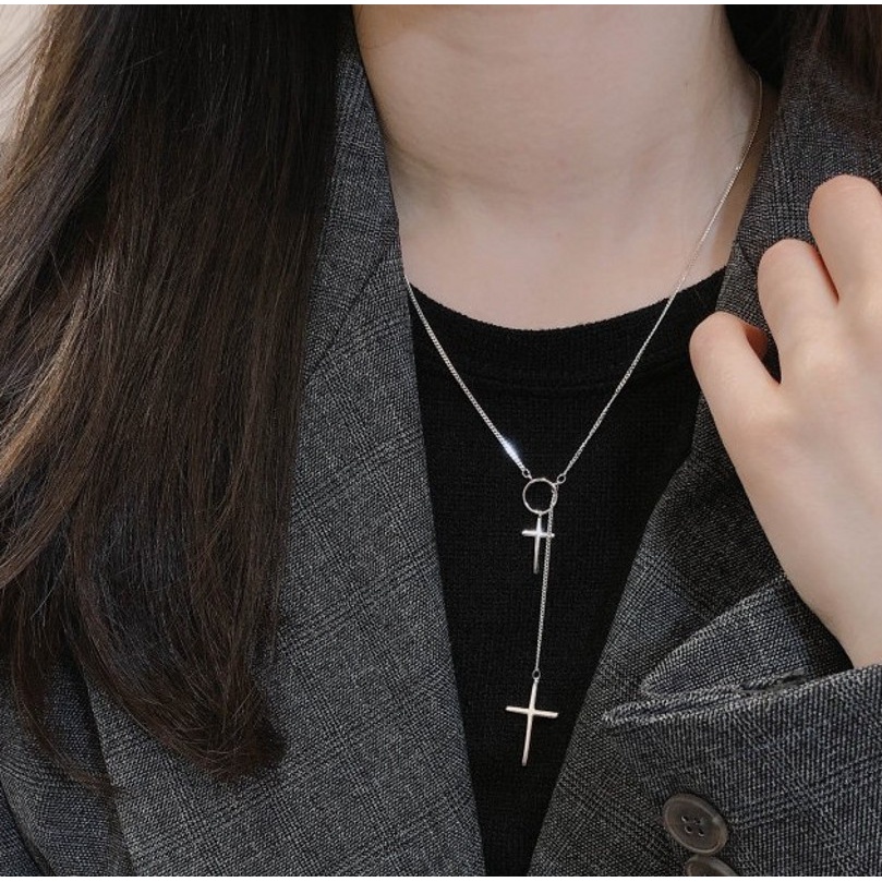 Kalung Rantai Panjang Bahan Metal Warna Silver Gaya Hip Hop