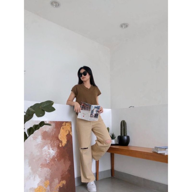 Celana Highwaist Jeans Loose Sobek Wanita Repped Cream