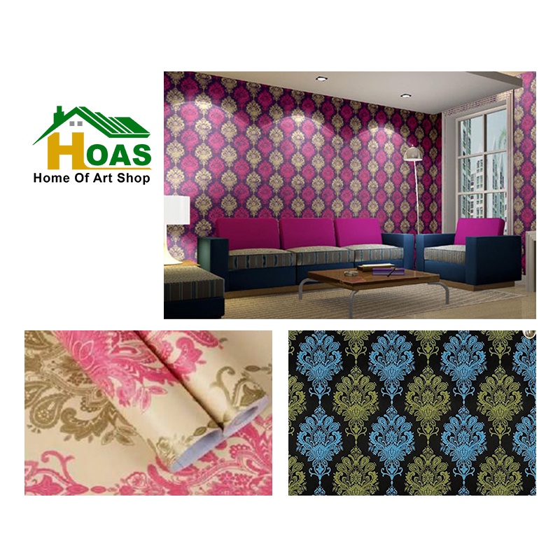 Hoas Wallpaper Dinding 45 cm x 9 Meter Wallpaper Stiker Motif Batik Bunga Garis Mewah