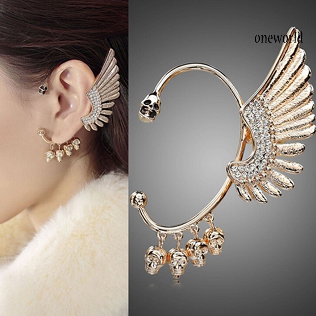 OW@ Women Rhinestone Wing Skull Shape Ear Clip Cuff Non-Pierced Earring for Left Ear