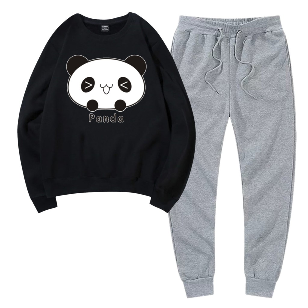 Baju Setelan Wanita Murah / Setelan Sweater + Jogger Abu - PANDA CUTE