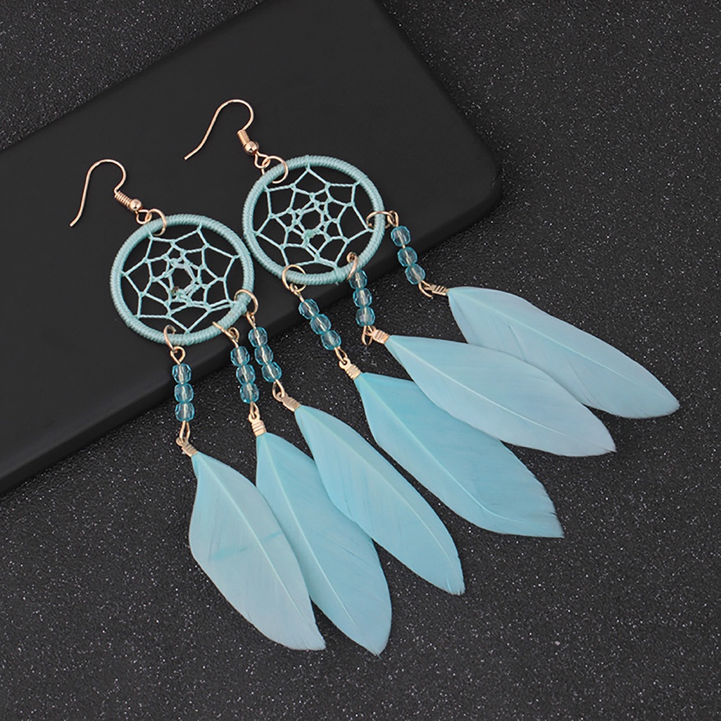 Hu Hu Hu Hu Hu Alat Bantu Pasang Kacamata♡ 1 Pasang Anting Desain Bulu Dream Catcher Hollow Out Gaya Etnik Bohemia