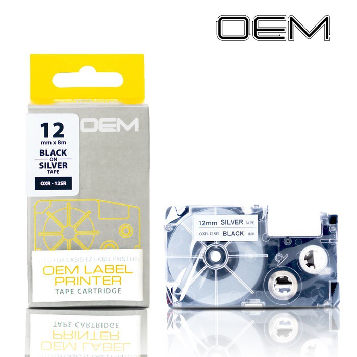 OEM TAPE EZ LABEL CASIO 12MM BLACK INK SILVER (OXR-12SR)