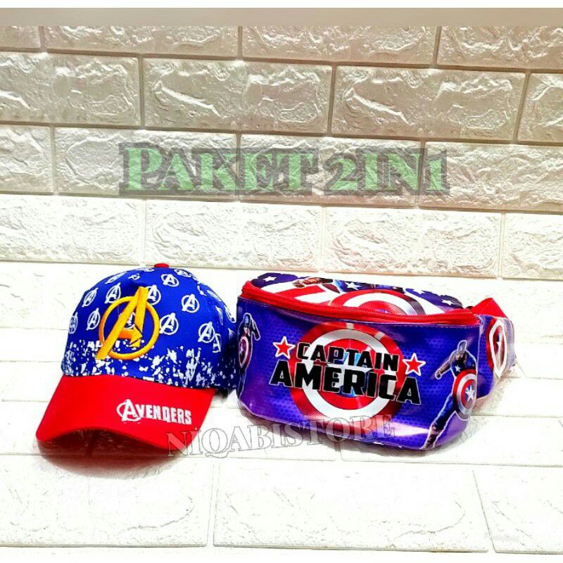 paket 2in1 topi anak tas selempang anak topi anak bordir full print avenger